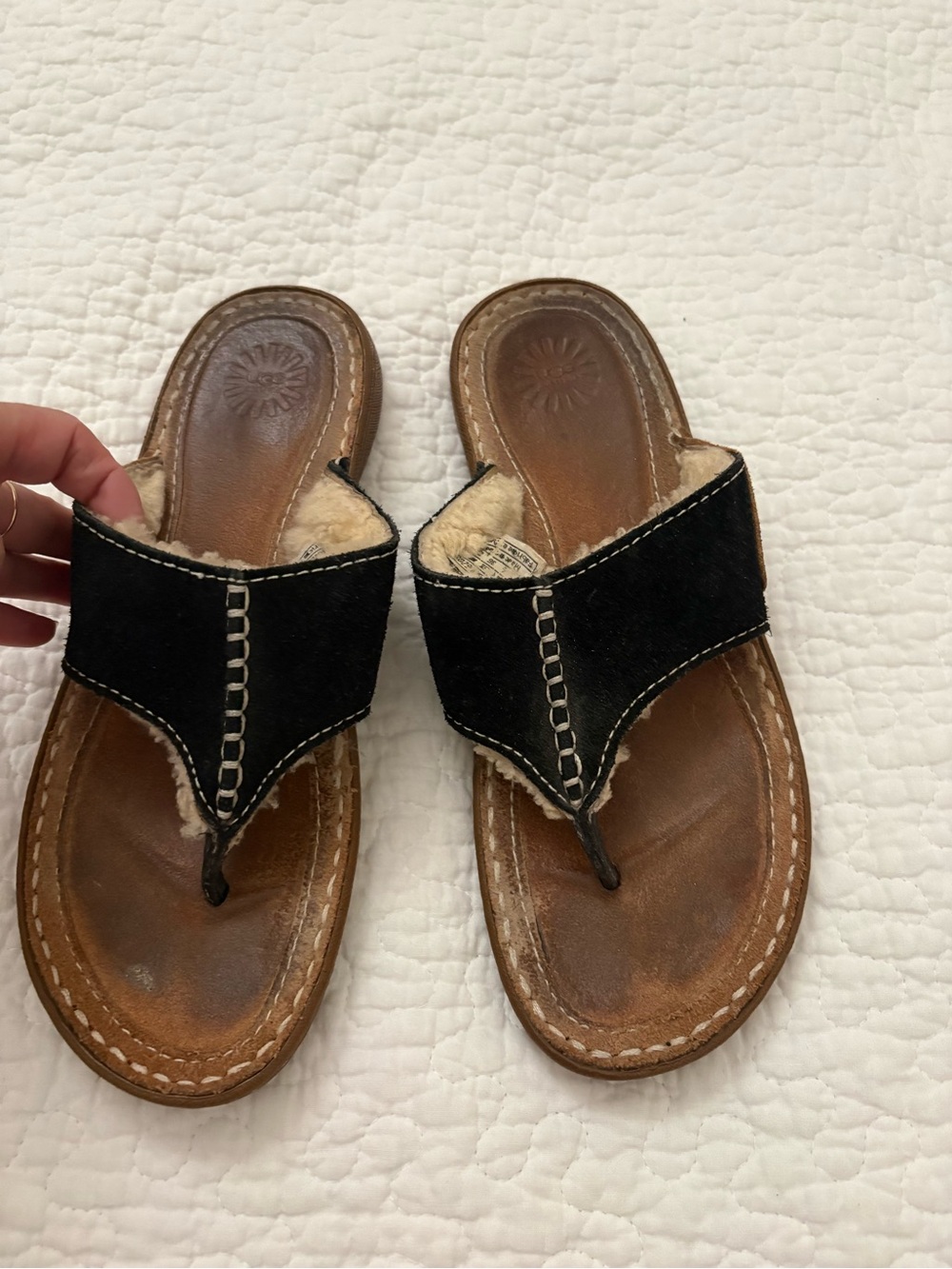 Ugg Black Suede Shearling-Trim Thong Sandals - Women